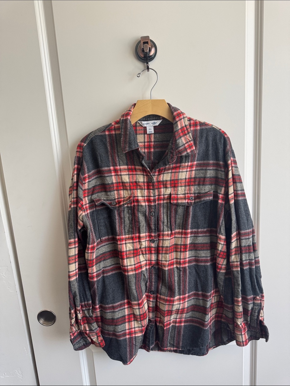 Old Navy Women's Plaid Boyfriend Button-Down Shirt - Red, Black, Cream